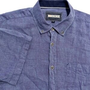 32 Bar Blues Men XL Blue Linen Cotton Short Sleeve Button Down Shirt Blue Purple